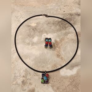 Vintage Silver 925 Multicolor Stone Inlay Pendant Necklace - Women Jewelry